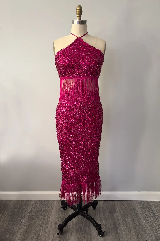 Holiday-A-GO-GO Sequin Dress with Fringe in Pink