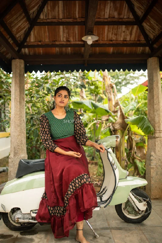 Maroon Satin Georgette Dress with Green Yoke