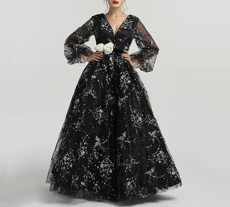 Misstook Label Embroidery Black Evening Dress