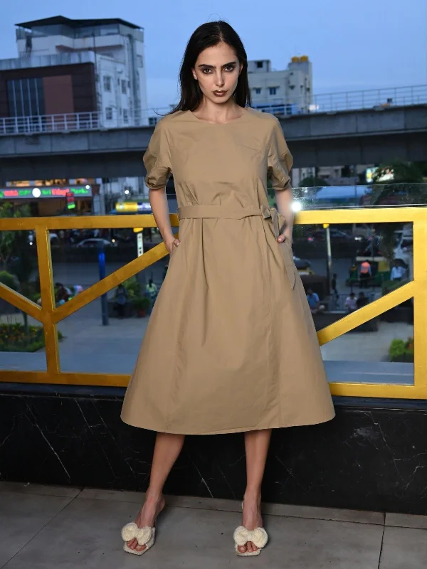 Odette Brown Brushed Cotton Poplin Solid Dress For Women