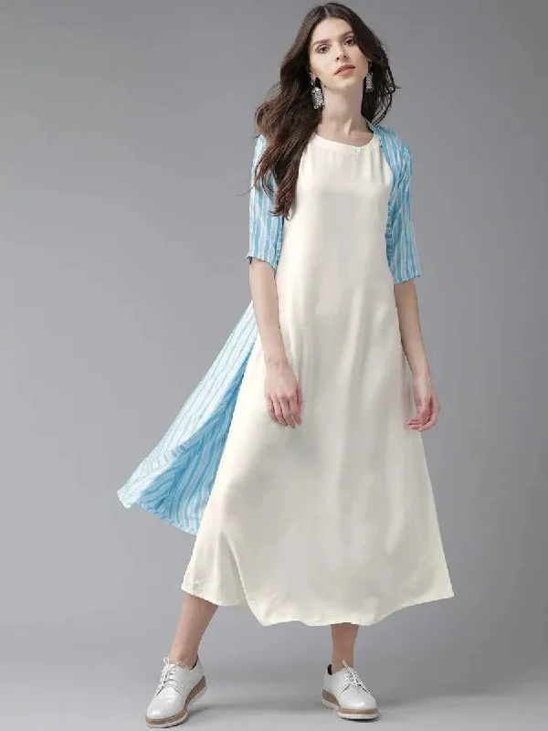 Off-White Striped Rayon Dress With Jacket