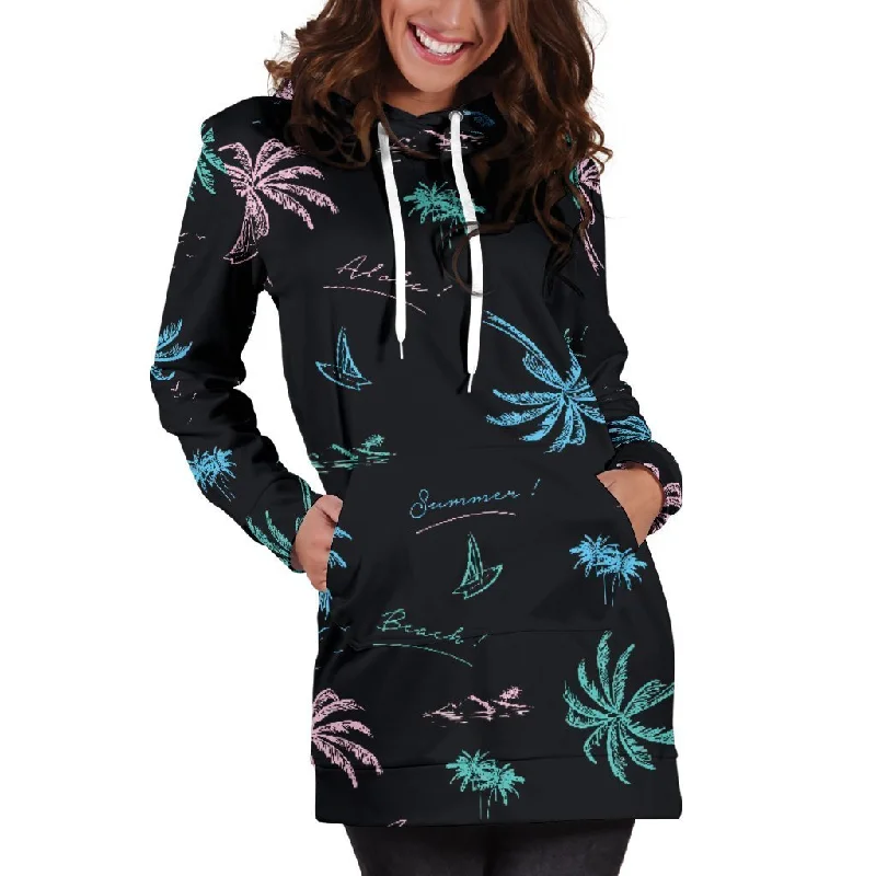 Palm Tree Summer Beach Pattern Print Pullover Hoodie Dress