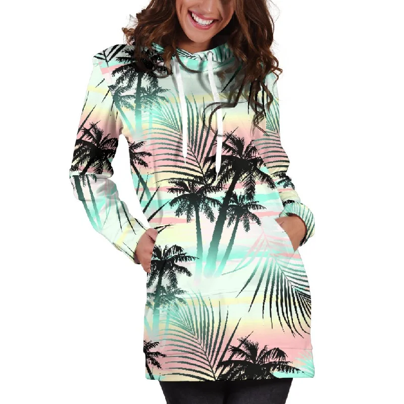 Pastel Palm Tree Pattern Print Pullover Hoodie Dress