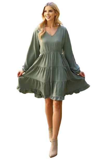 Plus Size Woven Puff Sleeve V Neck Elastic Waist Tiered Dress Olive - Pack of 6
