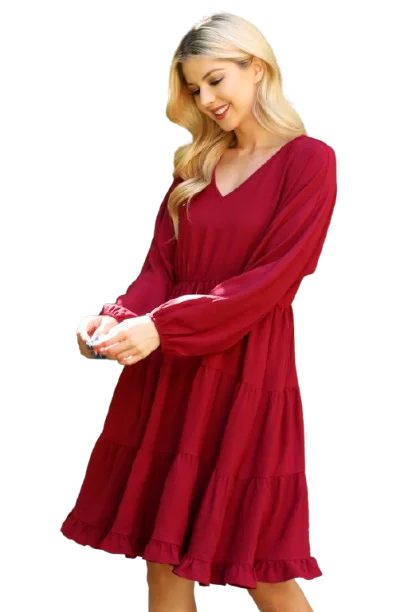 Plus Size Woven Puff Sleeve V Neck Elastic Waist Tiered Dress Wine - Pack of 6
