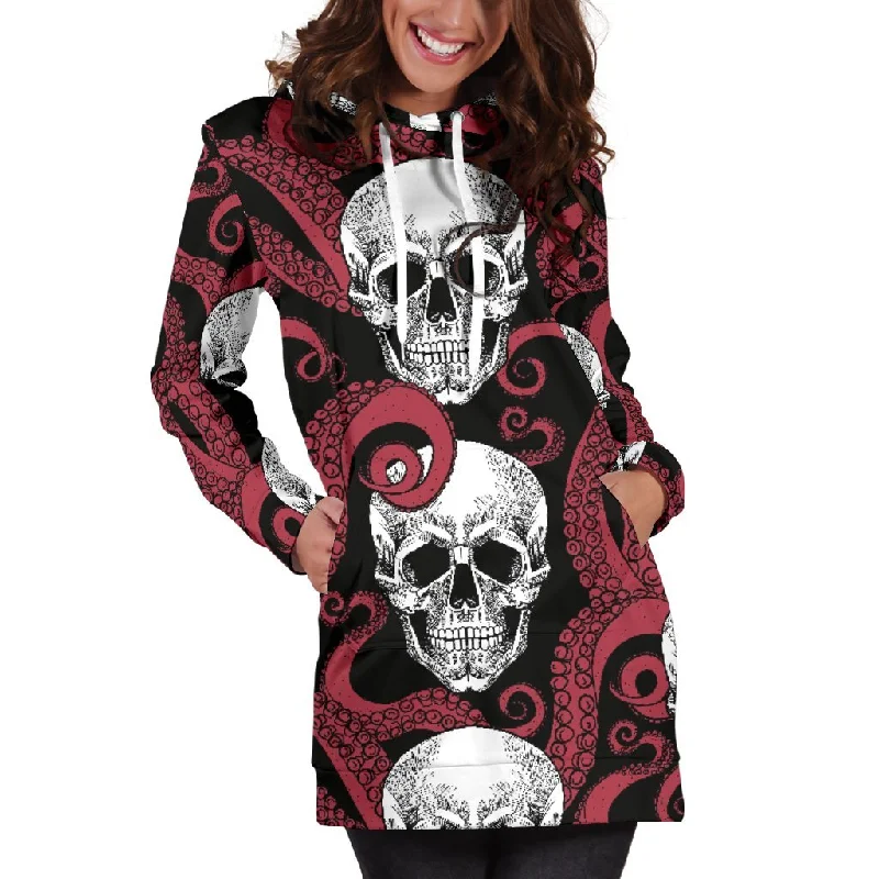 Red Octopus Skull Pattern Print Pullover Hoodie Dress