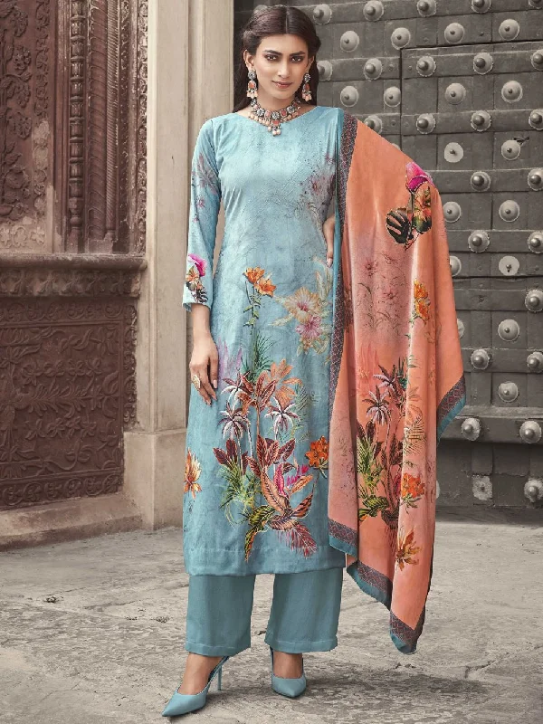 Sky Blue Velvet Digital Printed Dress Material