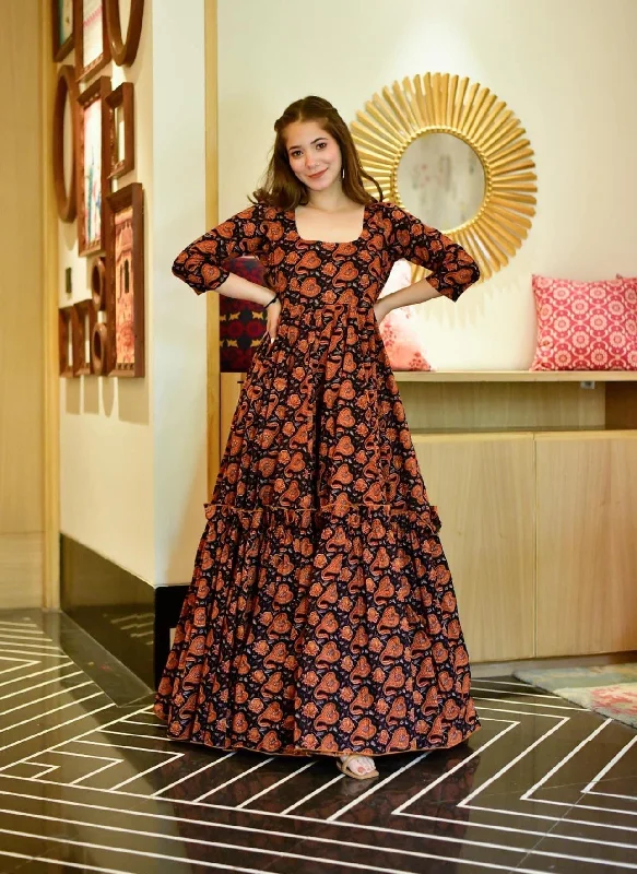 Sonakshi Women's Brown Heavy Digital Printed Cotton Silk Anarkali Dress