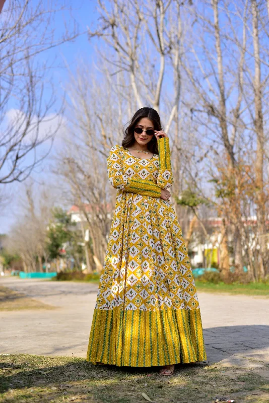 Sonakshi Women's Mustard Heavy Digital Printed Cotton Silk Anarkali Dress