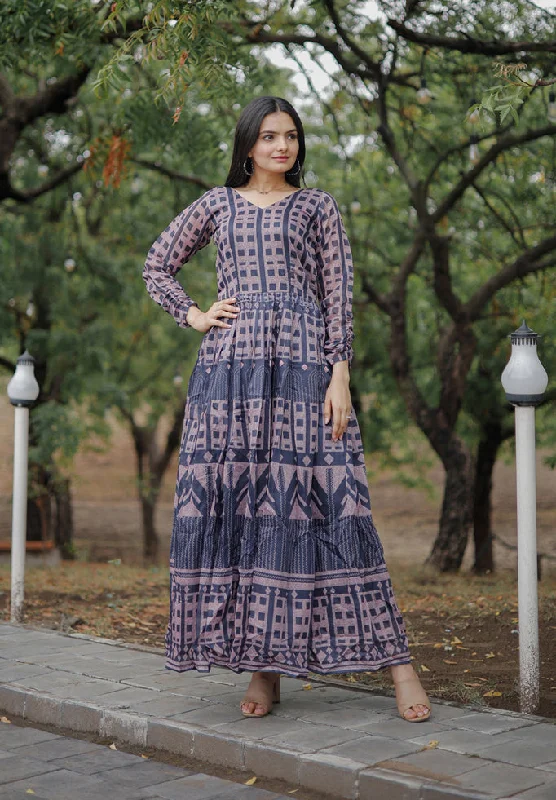 Sonakshi Women's Navy Blue Heavy Digital Printed Pure Chanderi Anarkali Dress
