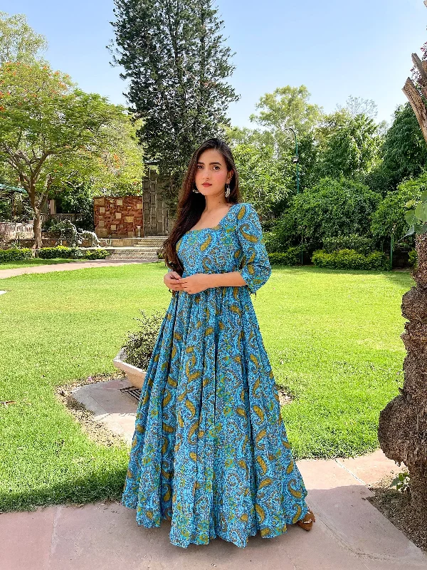 Sonakshi Women's Turquoise Heavy Digital Printed Cotton Silk Anarkali Dress