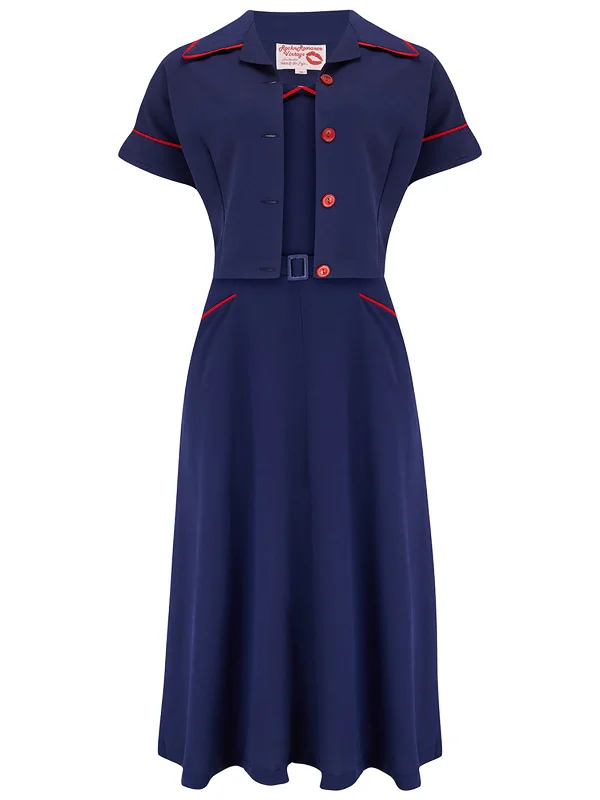 Two Piece Vintage Style Navy & Red Dress & Bolero Set