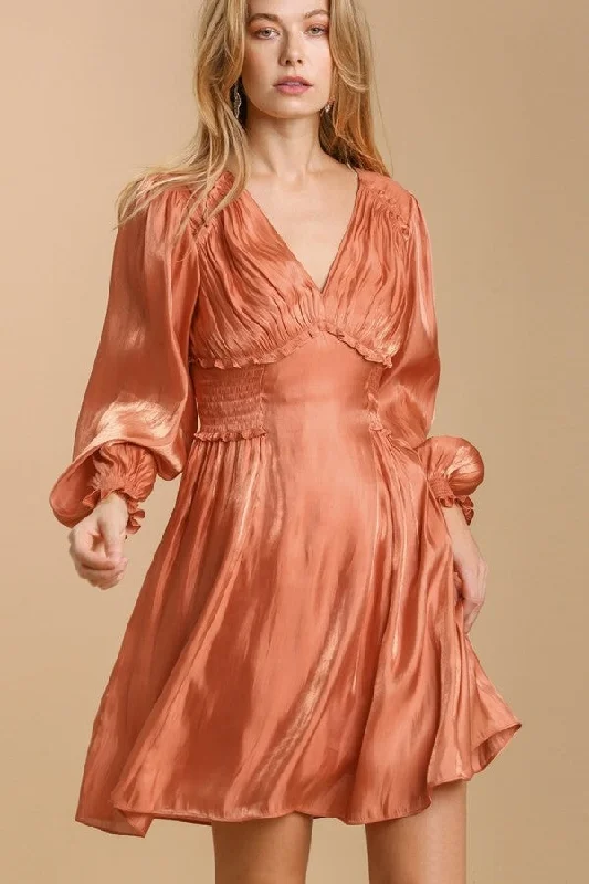 Umgee Burnt Orange Satin Dress with Smocked Details- FINAL SALE