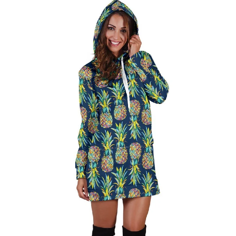 Women Dark Blue Pineapple Hoodie Dress Print