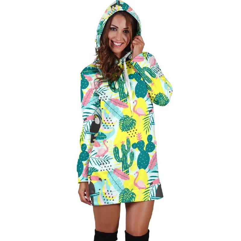 Women Jungle Flamingo Cactus Pineapple Hoodie Dress Print