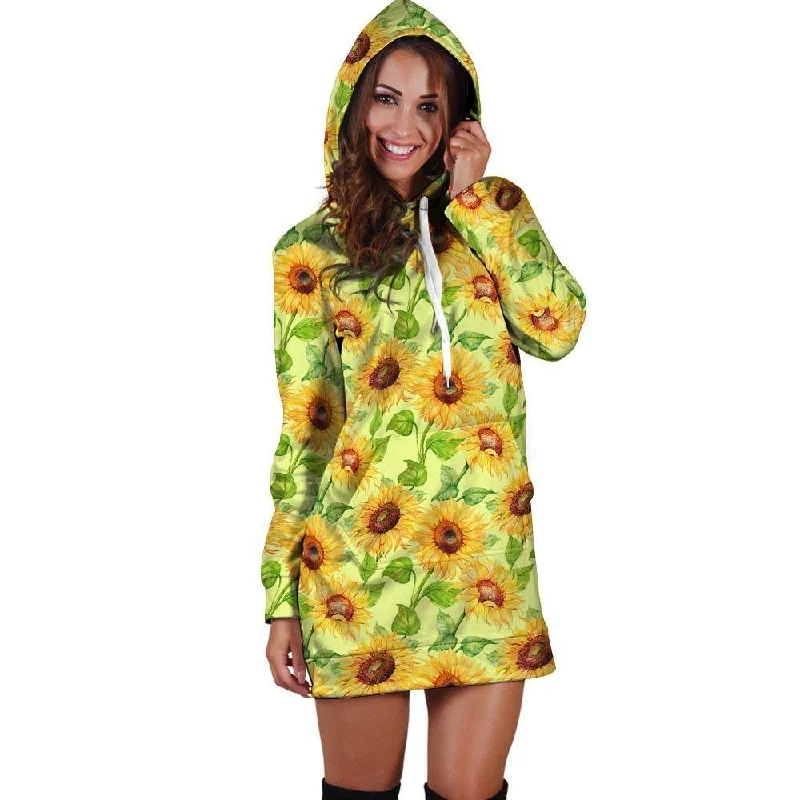 Yellow Sunflower Print Hoodie Dress