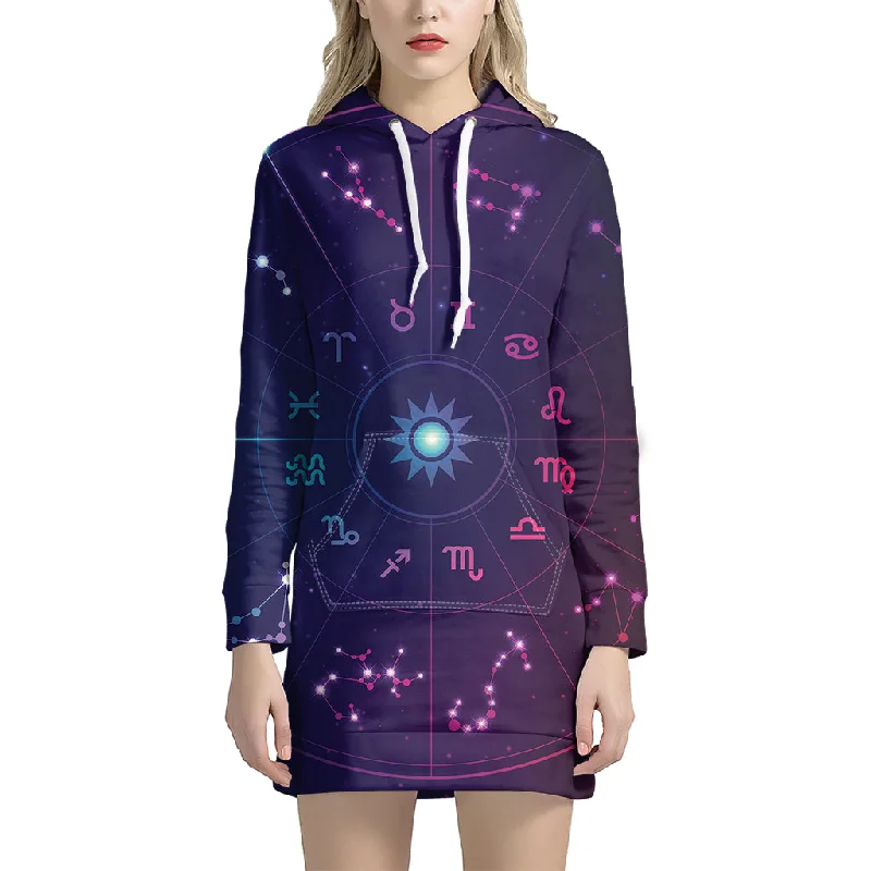 Zodiac Symbols Wheel Print Pullover Hoodie Dress