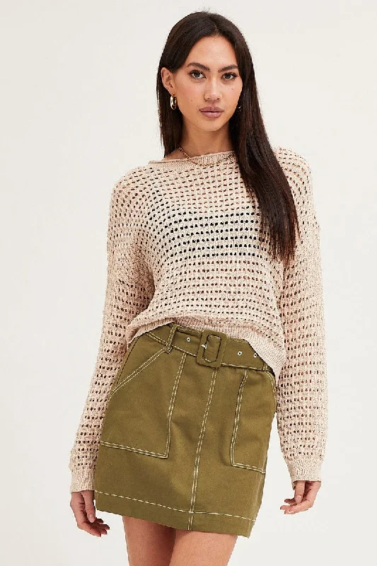 Beige Knit Top Long Sleeve Round Neck Crochet Premium Knit Blouse