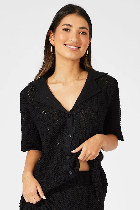 Black Collared Knit Top Short Sleeve Button Up Branded Knit Top