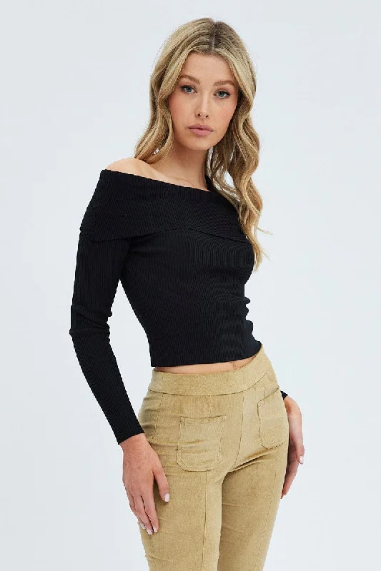 Black Knit Top Off The Shoulder Ribbed Casual Knit Blouse