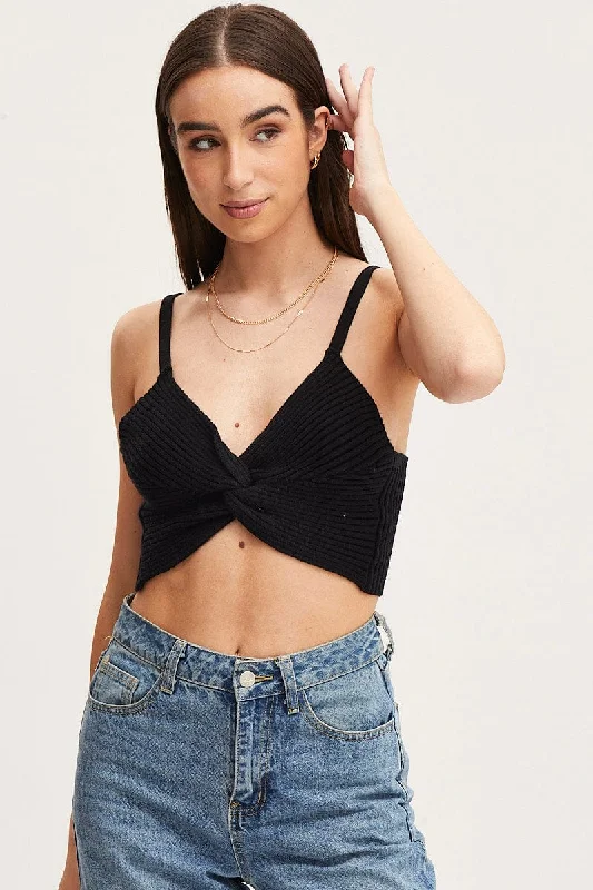 Black Knit Top Sleeveless Crop Cross Over Affordable Knit Blouse
