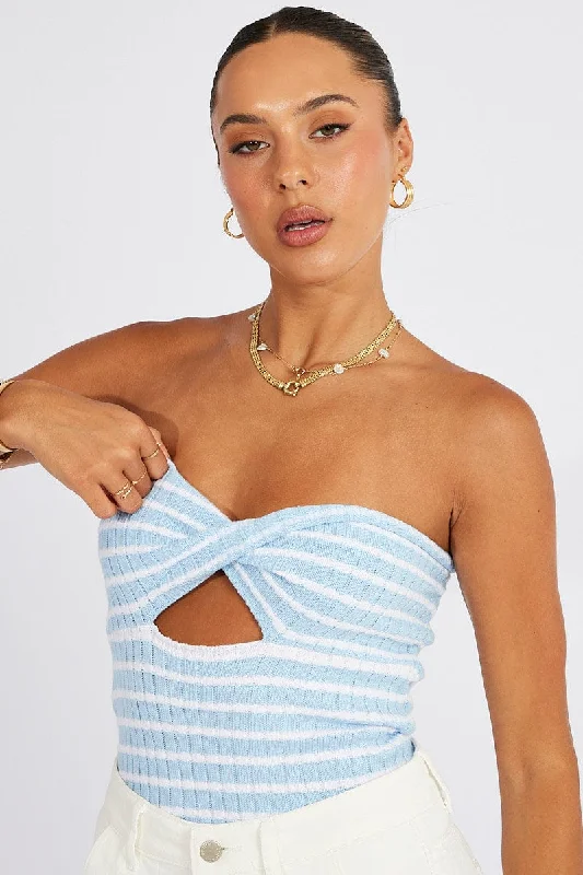 Blue Stripe Crochet Knit Top Bandeau Party Knit Blouse