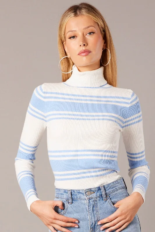 Blue Stripe Knit Top Long Sleeve High Neck Linen Knit Blouse