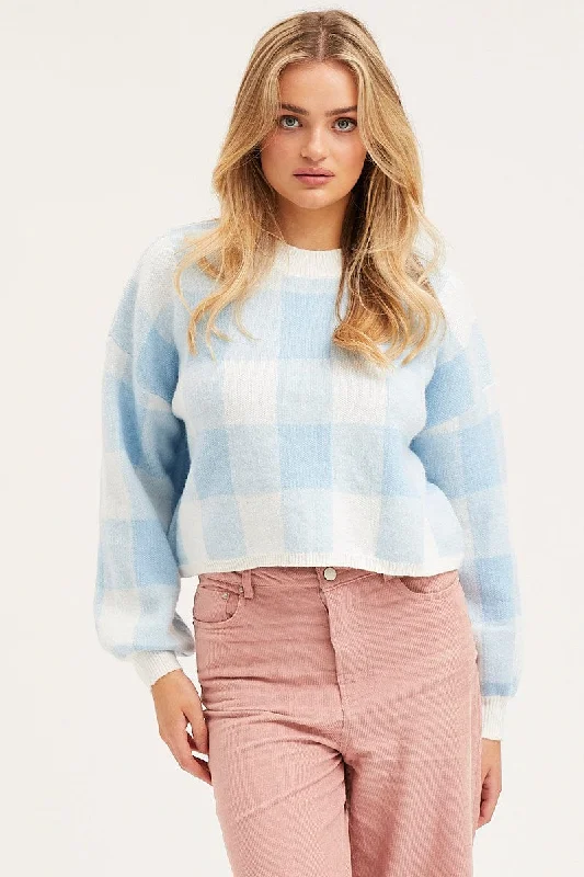 Check Knit Top Long Sleeve Relaxed Eco-Friendly Knit Top