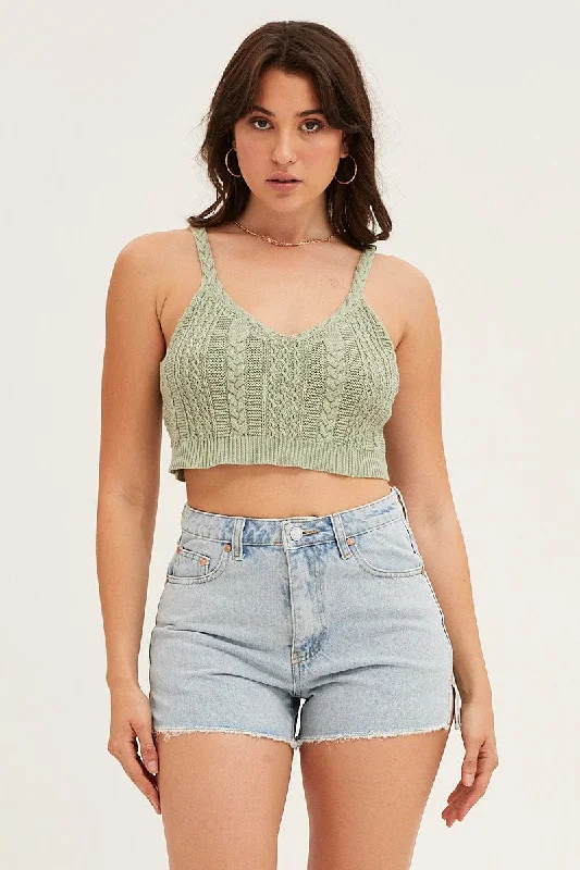 Green Cable Crop Knit Top Luxury Knit Top