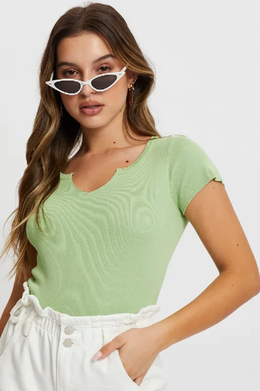 Green Notched Neck Cap Sleeve Knit Top High-End Knit Shirt