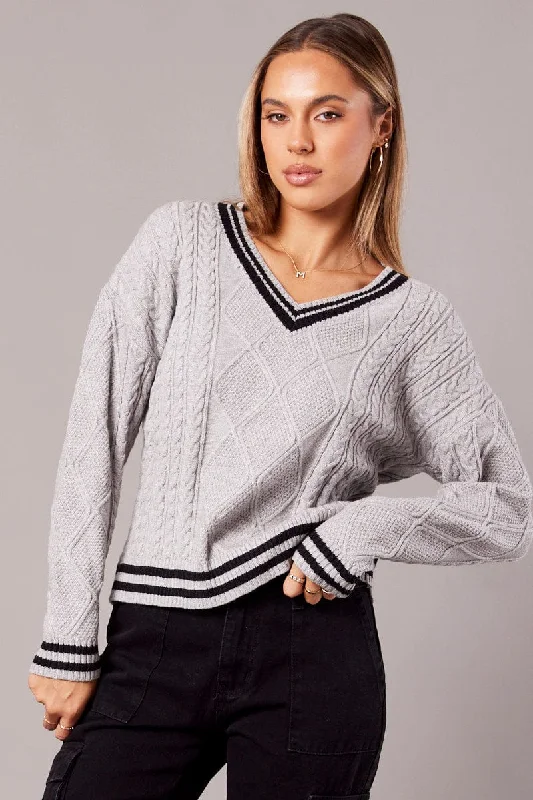 Grey Knit Top Long Sleeve V-Neck Cable Cotton Knit Shirt
