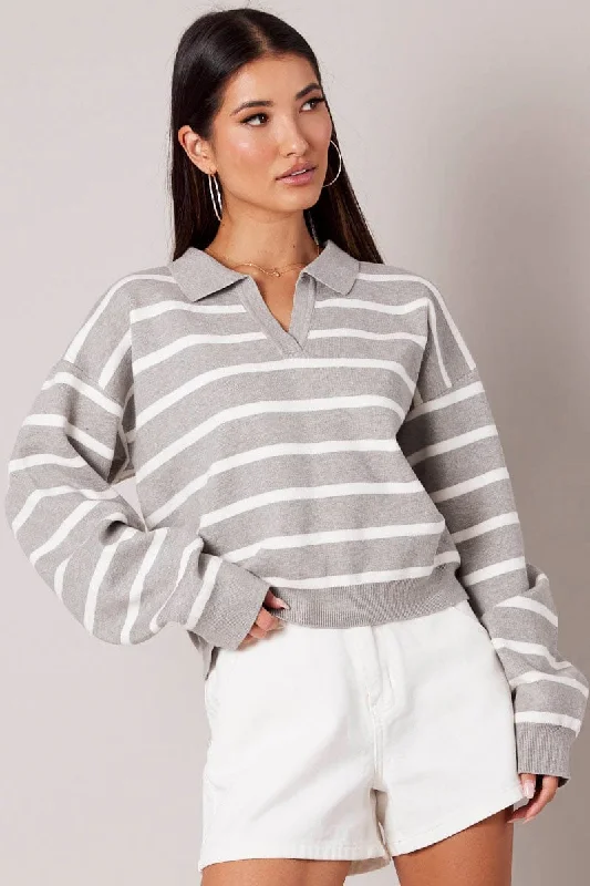 Grey Stripe Knit Top Long Sleeve Collar Casual Weekend Knit Top