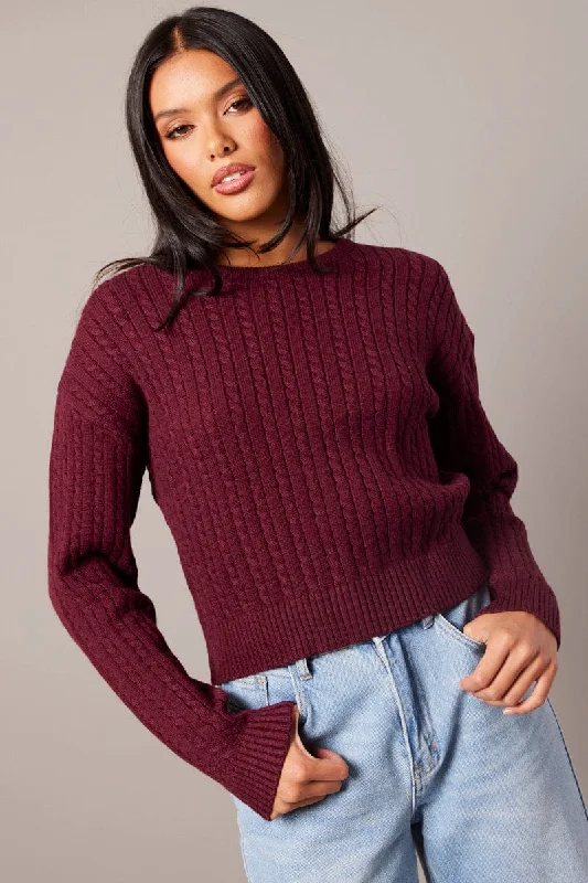 Red Cable Knit Top Long Sleeve Holiday Knit Blouse