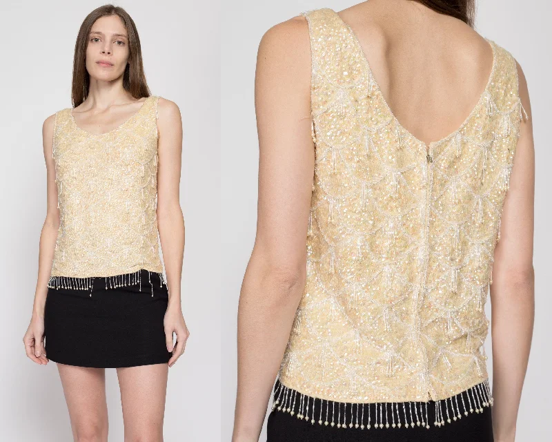 Small 1950s Beaded Fringe Sleeveless Knit Top Hemp Knit Blouse