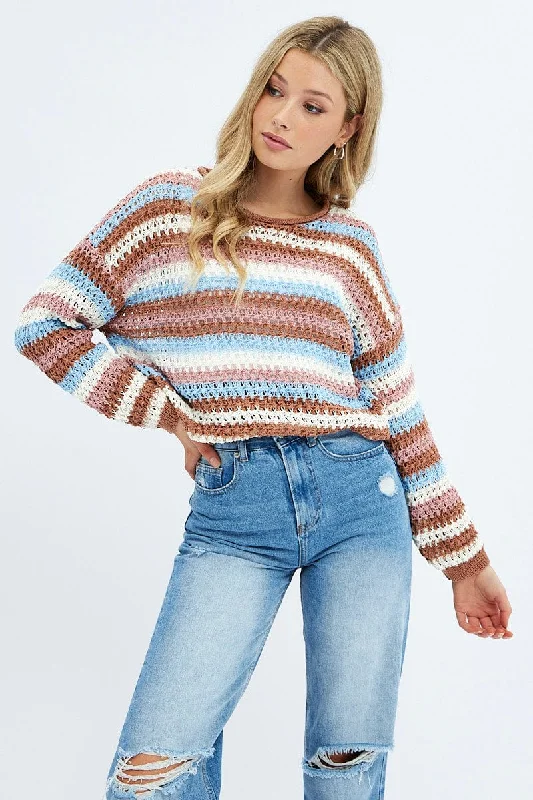 Stripe Knit Top Long Sleeve Relaxed Crew Neck Lightweight Knit Tee