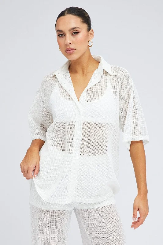 White Collar Knit Top Short Sleeve Recycled Knit Tee