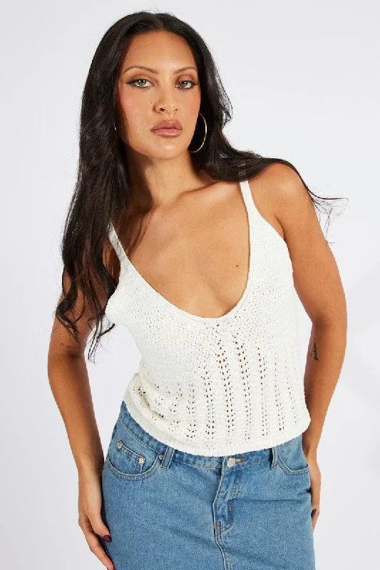 White Crochet Knit Top Sleeveless V Neck Soft Knit Shirt