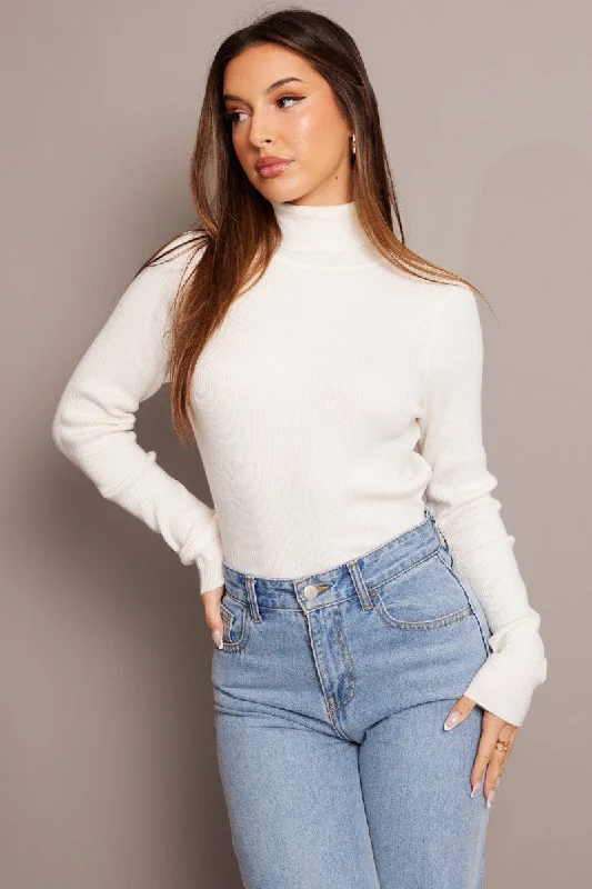 White Knit Top Long Sleeve High Neck Daily Wear Knit Tee