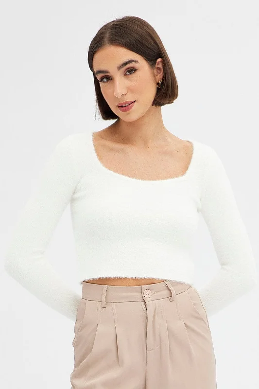 White Knit Top Long Sleeve Square Neck Silver Knit Shirt