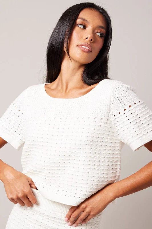 White Knit Top Short Sleeve Crochet Business Knit Top