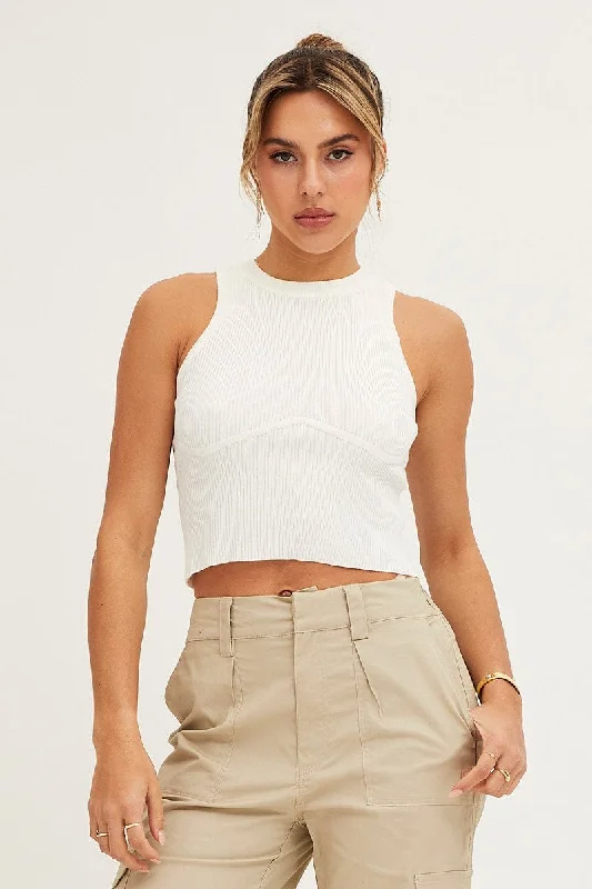 White Knit Top Sleeveless Crop Round Neck Chic Knit Top
