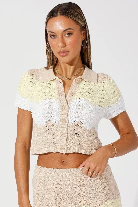 Beige Stripe Crochet Knit Top Collared Asymmetrical Knit Blouse
