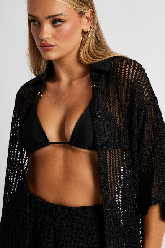 Black Collar Knit Top Short Sleeve Winter Knit Top