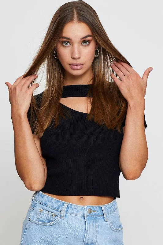 Black Knit Top Short Sleeve Cut Out Ruby Red Knit Shirt