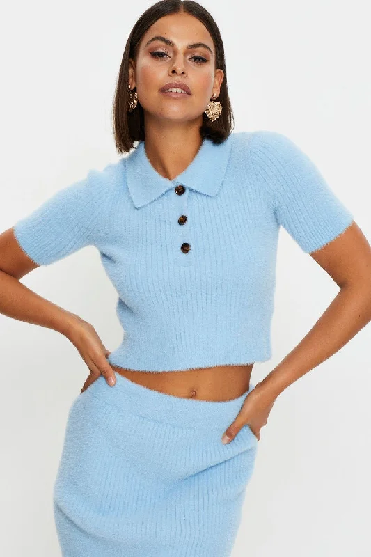 Blue Collar Crop Knit Top Pastel Knit Top