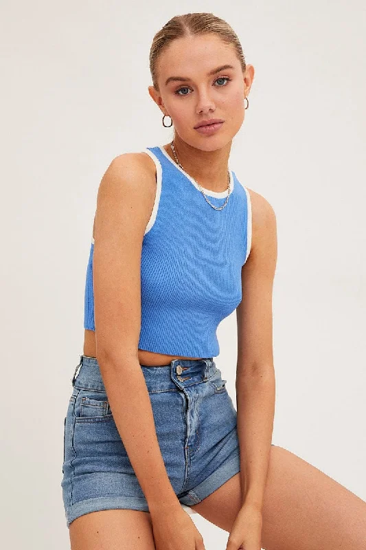 Blue Knit Top Crop Sleeveless Round Neck Patterned Knit Tee