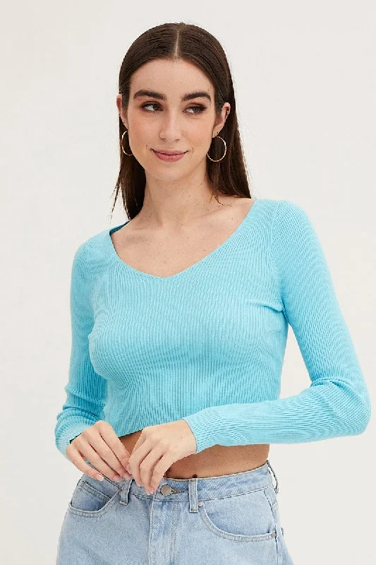 Blue Knit Top Long Sleeve Crop V-Neck Sky Blue Knit Tee