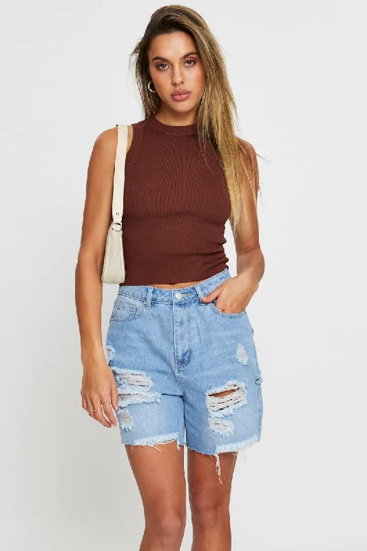 Brown Knit Top Sleeveless Silver Knit Shirt
