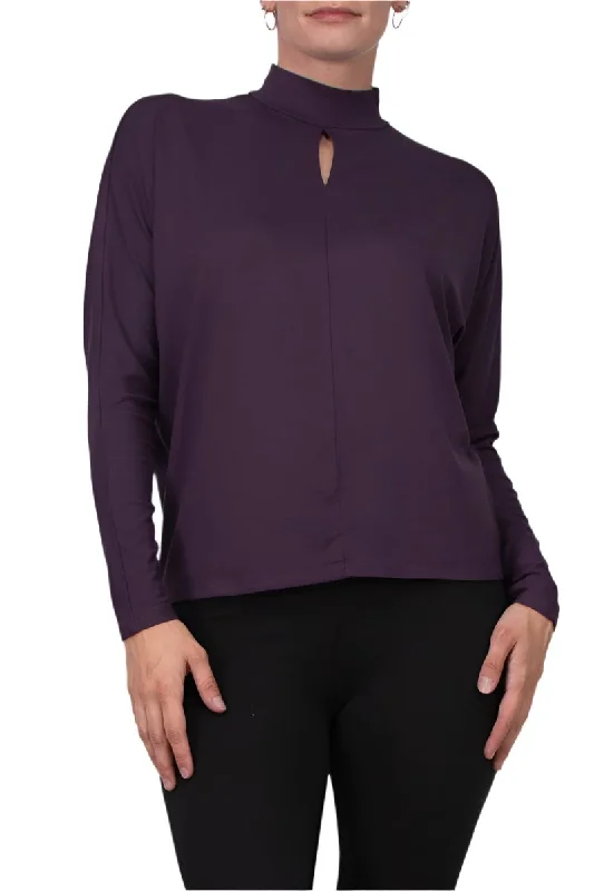 Catherine Malandrino High Neck Keyhole Front Long Sleeve Solid Knit Top Eco-Friendly Knit Top