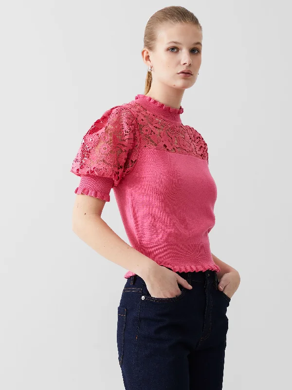 Crochet Lace Mix Knit Top Handmade Knit Blouse
